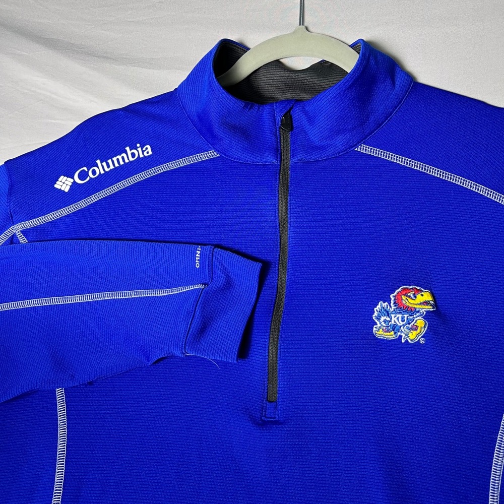 Columbia Golf Kansas Jayhawks KU Quarter Zip Pullover Blue Mens Large Omni-Wick